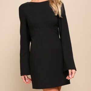 Lulus Elegant Cutie Black Bow Long Sleeve Backless Mini Dress - Size M